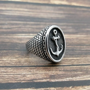 Vintage gold plated stainless steel nautical anchor signet ring for men with chain border