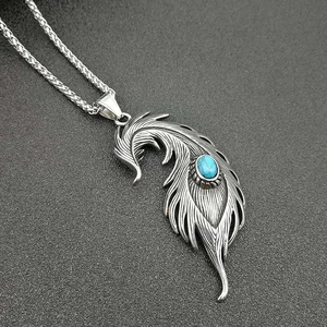 Retro Punk Titanium Steel Feather Pendant Necklace For Men Women Polished Turquoise Inlaid Stainless Steel Jewelry Necklace