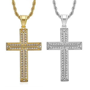 Collier Pendentif Croix en Acier Titane Plaqué Or Hip Hop pour Hommes Femmes Strass Bijoux Religieux Sans Chaîne
