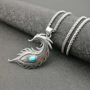 Punk vintage titanium steel feather pendant necklace with blue turquoise stone inlay