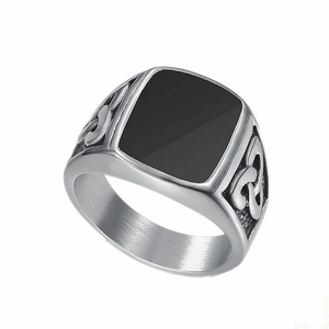 Vintage Nordic Viking Celtic Knot Stainless Steel Signet Ring For Men Polished Black Inlay Retro Punk Hip Hop Fashion Jewelry