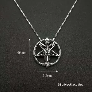 Macro detail of silver Baphomet pendant showing dimensions 46mm height and 42mm width