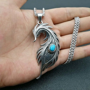 Retro titanium steel feather pendant necklace with turquoise stone and thick chain link