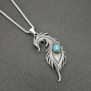 Punk vintage titanium steel feather pendant necklace with oval turquoise stone detail