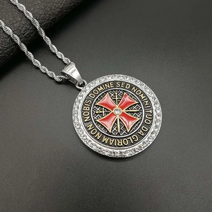 Knights Templar Cross Pendant Necklace 316 Stainless Steel Vintage Sword Shield Medal For Men Gothic Latin Inscription Rhinestone Jewelry