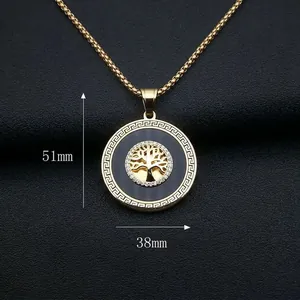 Gold tree of life pendant with zircon inlay and Greek fret pattern on box chain
