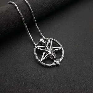 Gothic Baphomet pendant with goat head pentagram design on stainless steel chain