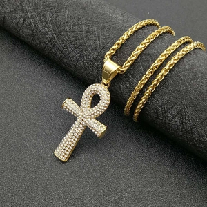 Collier Pendentif Clé de la Croix d'Ankh Égyptienne Hip Hop pour Hommes Femmes Acier Inoxydable Strass Bijoux Religieux Plaqué Or