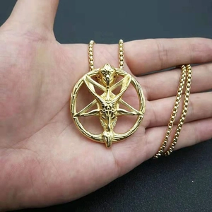 Golden Baphomet goat head pendant with inverted pentagram on a fine curb chain