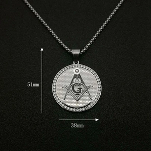 Detailed size view of silver Masonic AG pendant with 51mm height and 38mm width