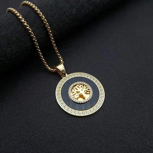 Gold-plated Tree of Life pendant necklace with cubic zirconia stones and Greek key border