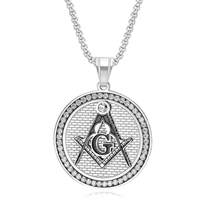 Silver Masonic necklace with zircon compass and G symbol pendant on box chain