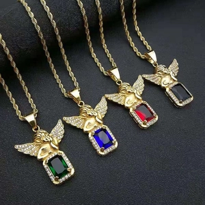 Collier Pendentif Ange en Acier Inoxydable Plaqué Or Hip Hop pour Homme Femme Strass et Pierre Précieuse Artificielle