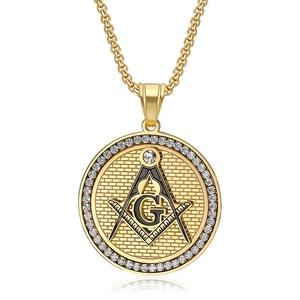 Gold plated Masonic AG pendant necklace with zircon stones on white background