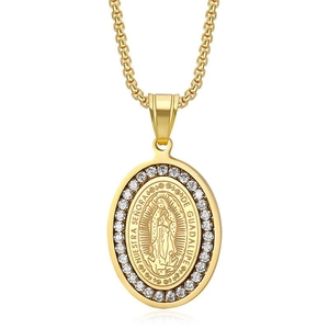 Collier hip hop plaqué or avec pendentif Vierge de Guadalupe et pierres de zircon AAA