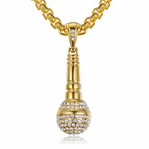 Collier Pendentif Microphone en Acier Titane Hip Hop pour Hommes Femmes Plaqué Or Argent avec Strass Incrustés Bijoux Microphone Musique