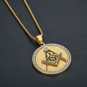 Gold plated Masonic AG pendant necklace with zircon border and compass square symbol
