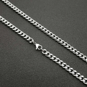Polished silver stainless steel Cuban link necklace with secure lobster clasp for men
