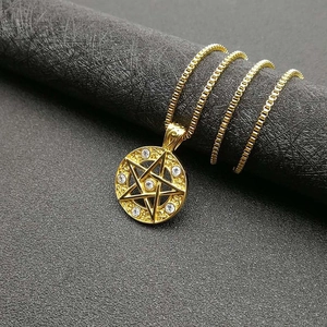 Hip hop gold plated titanium steel necklace with iced out pentagram star pendant