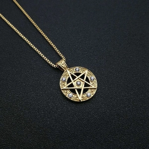 Gold-plated hip hop necklace with iced-out pentagram pendant on a box chain
