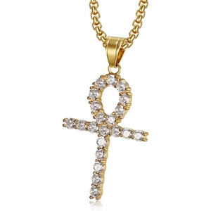 Goldener Ankh-Anhänger mit Zirkonia-Steinen besetzt, ägyptischer Stil auf weißem Grund