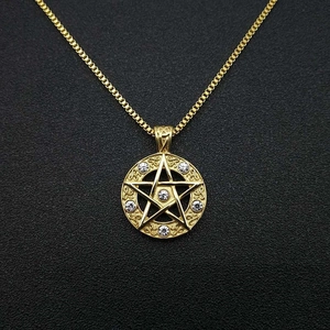 Hip Hop Stainless Steel Pentagram Star Round Pendant Necklace Gold Plated Iced Out Rhinestone Jewelry For Unisex Box Chain