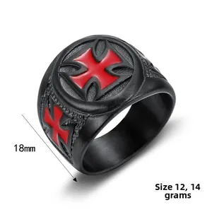 Detail view of black vintage punk ring showing red cross design and 18mm size scale