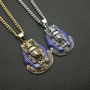 Hip Hop Ancient Egyptian Anubis Pharaoh Pendant Necklace Stainless Steel Vacuum Plated Blue Enamel Pyramid Eye Necklace For Men