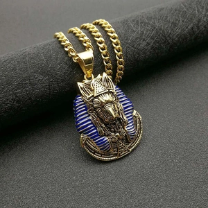Gold-plated Egyptian Anubis pendant with blue enamel on thick curb chain necklace