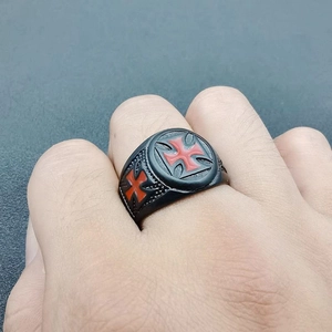 Gothic punk black titanium steel ring for men with red Maltese cross patterns