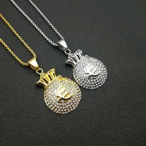 Hip Hop Roestvrij Staal Geldzak Hanger Halsketting Met Euroteken Strass Pavé Ketting Sieraden Voor Heren Dames