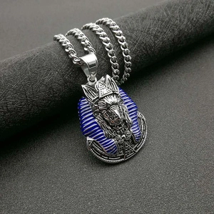 Silver retro Egyptian Pharaoh Anubis pendant necklace with blue enamel on black stand