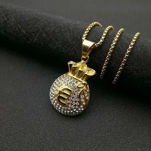 Vergulde hiphop euro geldzak hanger ketting met fonkelende steentjes en een bolletjesketting