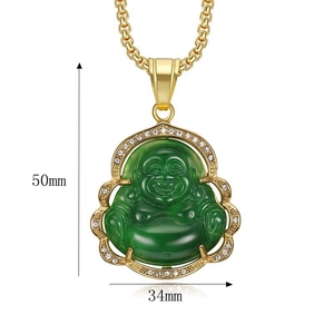 Hip hop gold plated stainless steel Maitreya Buddha pendant with green resin and crystals