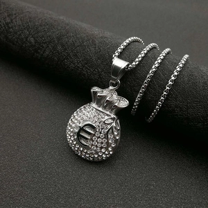 Hip hop zilveren Euro geldzak hanger ketting met schitterende stenen en box ketting
