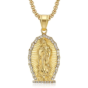 Gold plated hip hop Virgin Mary pendant necklace with rhinestones and box chain