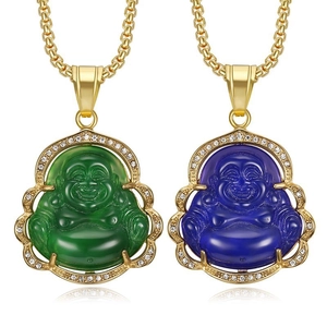 Hip Hop Gold Plated Titanium Steel Maitreya Buddha Pendant Necklace With Rhinestone Resin Buddha Jewelry For Men Women