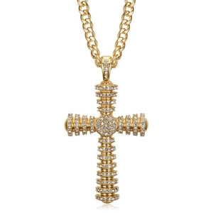 Hip hop gold plated titanium cross pendant necklace with sparkling cubic zirconia crystals