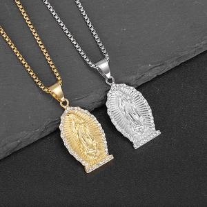 Hip hop gold and silver plated Virgin Mary pendant necklaces with sparkling rhinestones