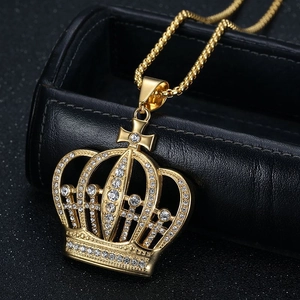 Collier Pendentif Croix Couronne Hip Hop pour Homme Acier Inoxydable Électroplaquage sous Vide Or Argent Strass Incrusté Bijoux Couronne de Roi Cadeau