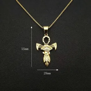 Gold stainless steel Eye of Horus Ankh cross pendant necklace with box chain