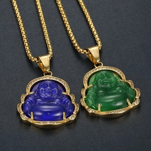 Hip hop gold plated stainless steel Buddha pendants with crystals on box chains