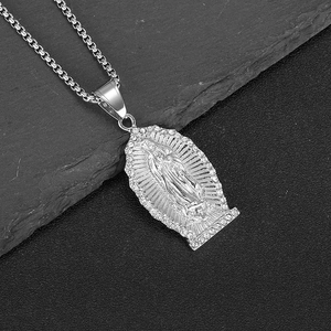 Hip hop silver steel Lady of Guadalupe pendant necklace with crystal rhinestone edge