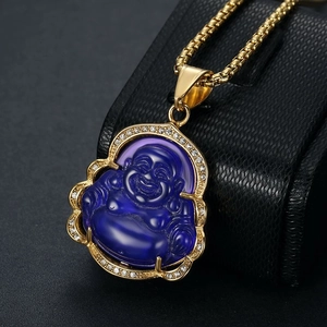Gold plated hip hop necklace with purple resin Laughing Buddha pendant and zircon inlay