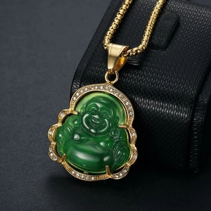 Gold-plated hip hop Maitreya Buddha pendant necklace with green resin and white crystals