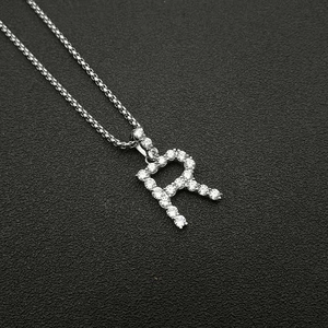 Polished stainless steel silver letter R pendant necklace with AAA cubic zirconia pavé