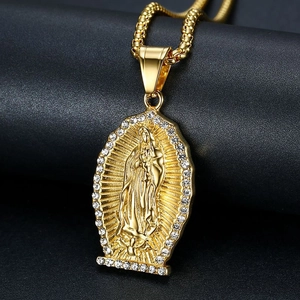 Hip Hop Stainless Steel Virgin Mary Pendant Necklace Gold Silver Plated Our Lady Of Guadalupe Religious Rhinestone Pave Jewelry