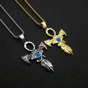 Vintage Stainless Steel Egyptian Eye Of Horus Ankh Cross Pendant Necklace For Men Religious Polished Jewelry Gift