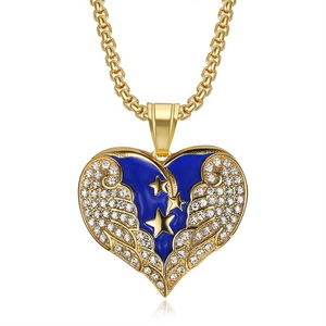Collier Pendentif Coeur Ailes Étoile en Acier Titane Hip Hop Avec Émail Bleu Strass Bijoux Personnalisés pour Hommes Femmes