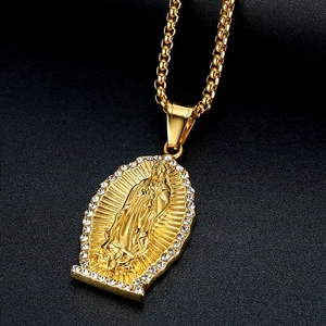 Hip hop gold plated titanium steel necklace with Virgin Mary rhinestone pendant